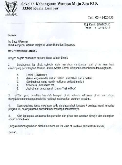 Contoh Surat Kepada Ketua Menteri
